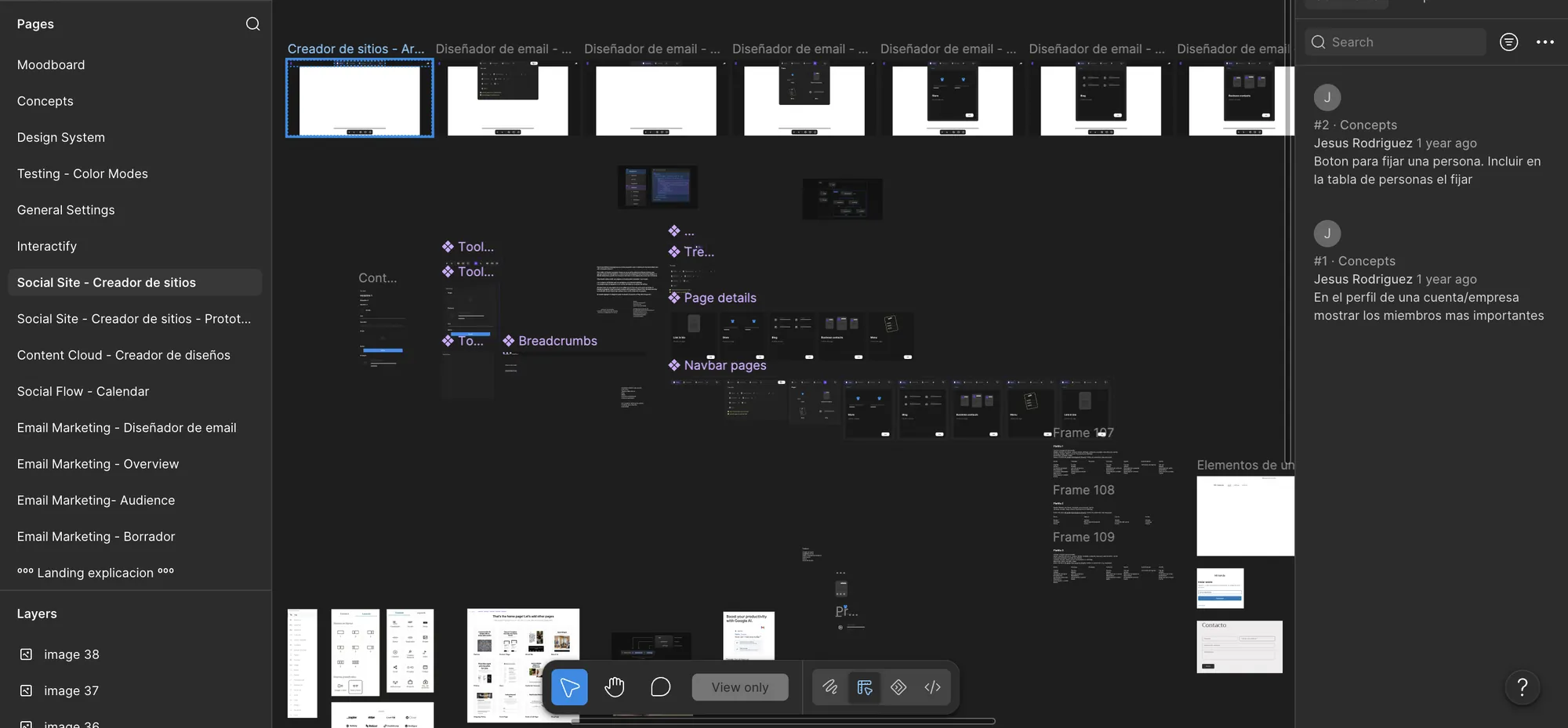 File map: pages per product and site-builder components.
