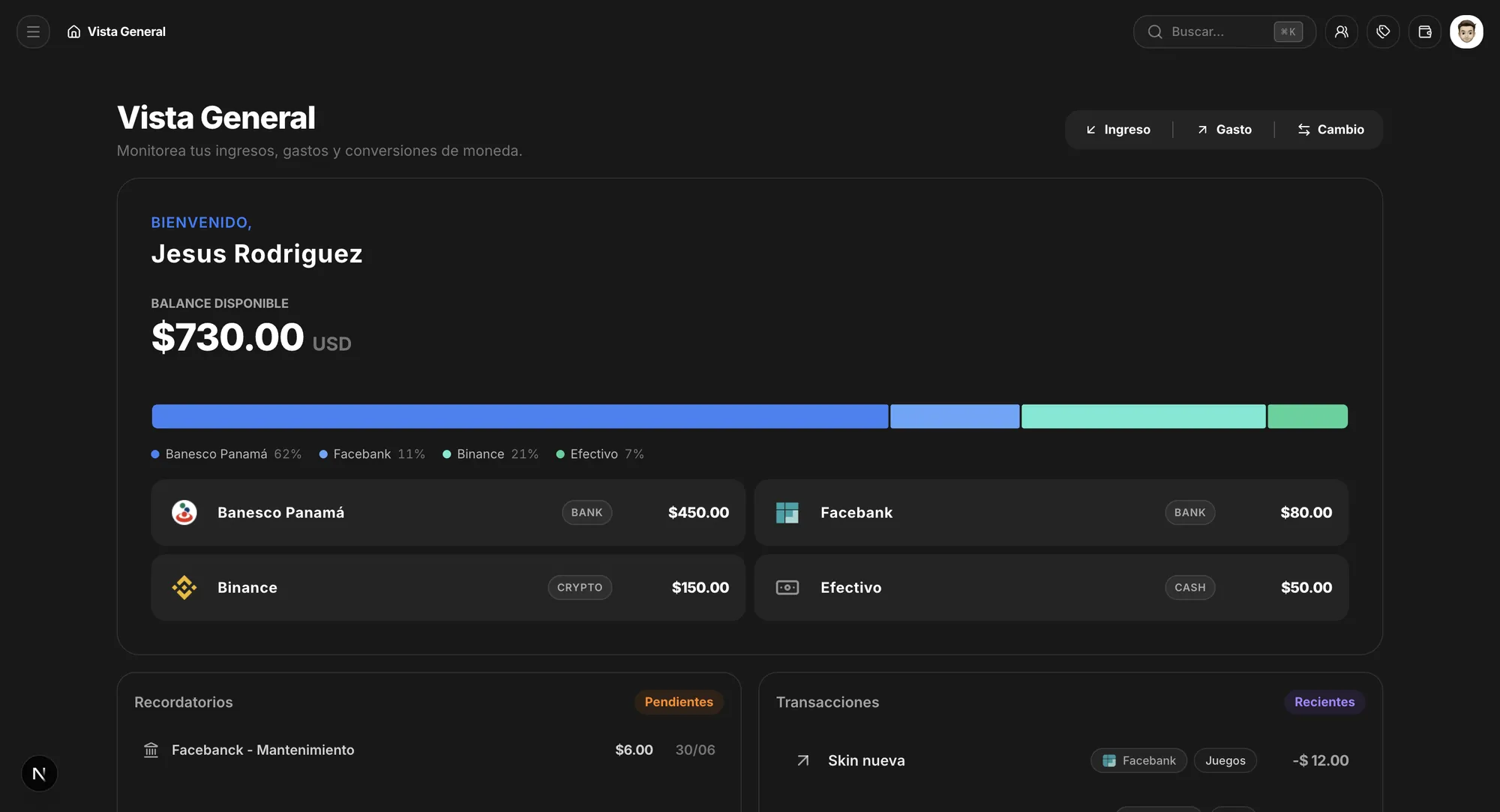 Overview: available balance split by account, reminders and recent transactions.