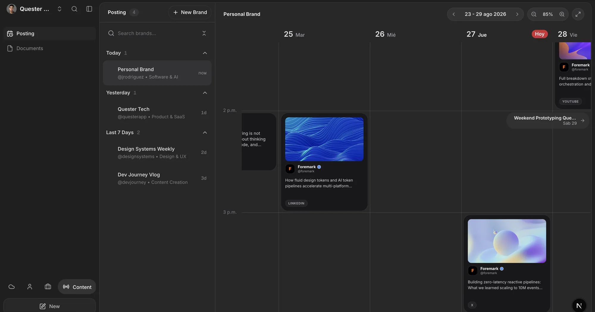 Content area: weekly posting calendar per brand, with a preview of each post.
