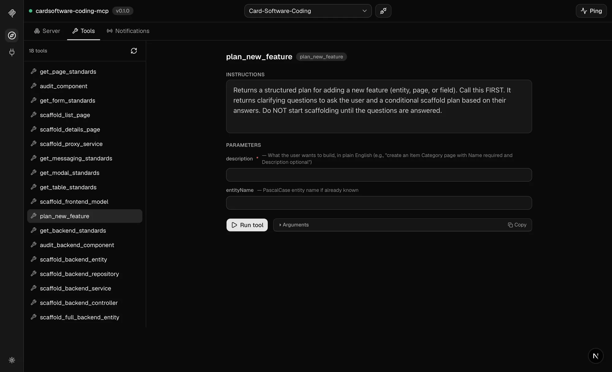 Tool inspector: instructions, parameters and direct execution for each tool.